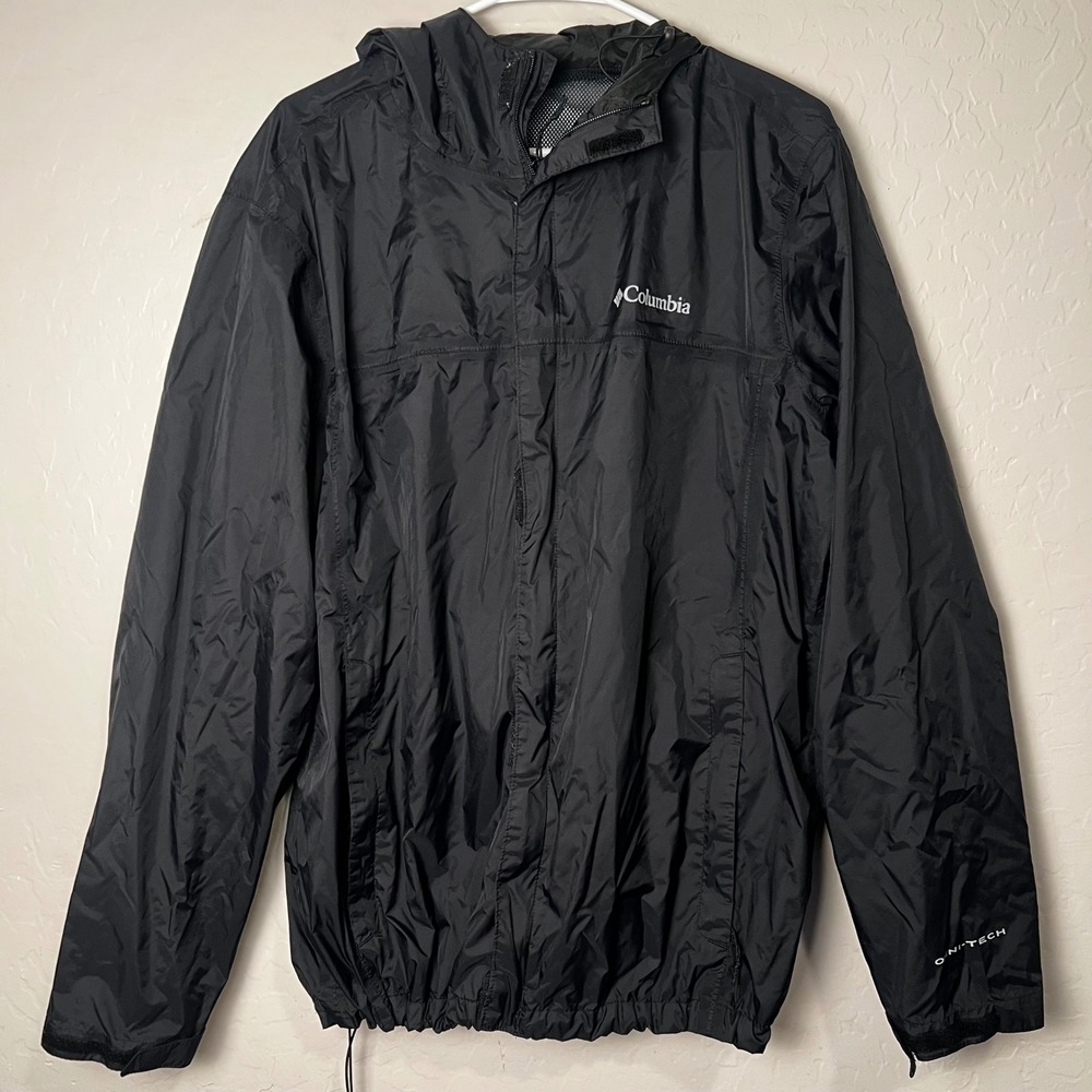 Columbia Omni-Tech Rain Jacket Mens Large Black Hooded Waterproof Shell Full Zip